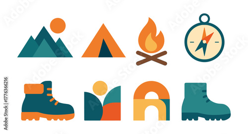 Outdoor adventure icons: camping, hiking, nature, exploration in flat style