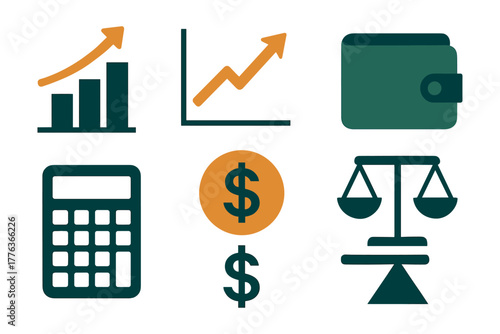 Business and finance icons: growth, analysis, wallet, calculator, dollar sign, balance scale
