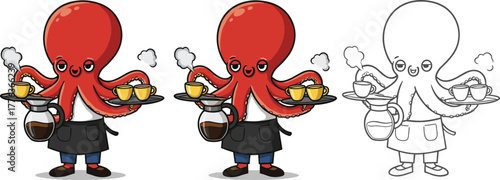 Cute octopus barista serving coffee cups, cartoon sea animal café worker illustration with apron and coffee pot