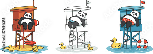 Cute panda lifeguard relaxing in beach tower with ducks, summer cartoon illustration, funny animal vacation, ocean art
