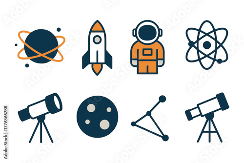Flat space exploration icons: rocket, astronaut, telescope, atom, and stars
