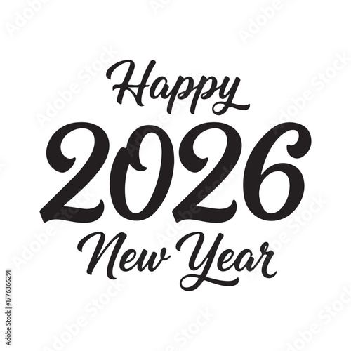 Elegant, hand-drawn style typography reading "Happy New Year 2026." Bold black script with a dynamic, festive flair. Perfect graphic element for greeting cards, invitations, banners, and holiday poste