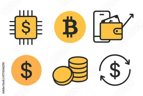 Modern icons for cryptocurrency and online payment systems