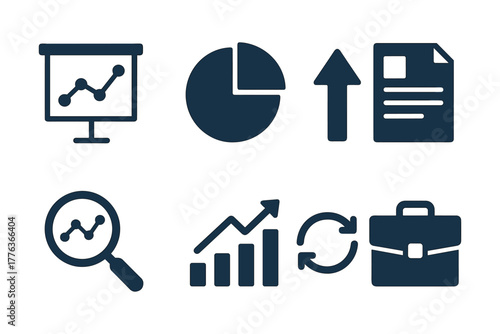 Business and data analysis icons in flat style for presentations and reports