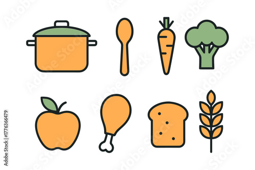 Colorful linear icons of cooking and food ingredients for modern design projects
