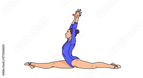Female gymnast performing a graceful split with arms reaching upwards in a studio setting