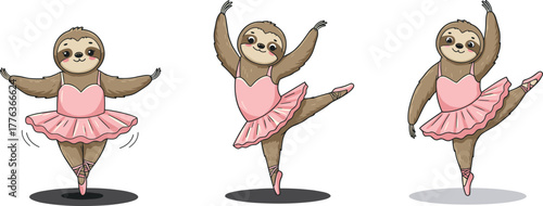 Cute sloth ballerina dancing in pink tutu, funny sloth doing ballet poses, adorable animal dance illustration