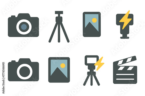 Flat icons set featuring cameras, tripods, photography equipment, and clapperboard