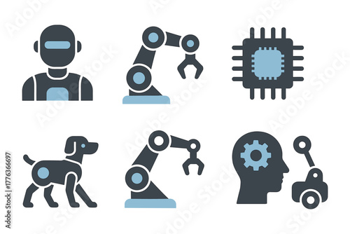 Robotics and artificial intelligence icons featuring robots, machinery, and technology