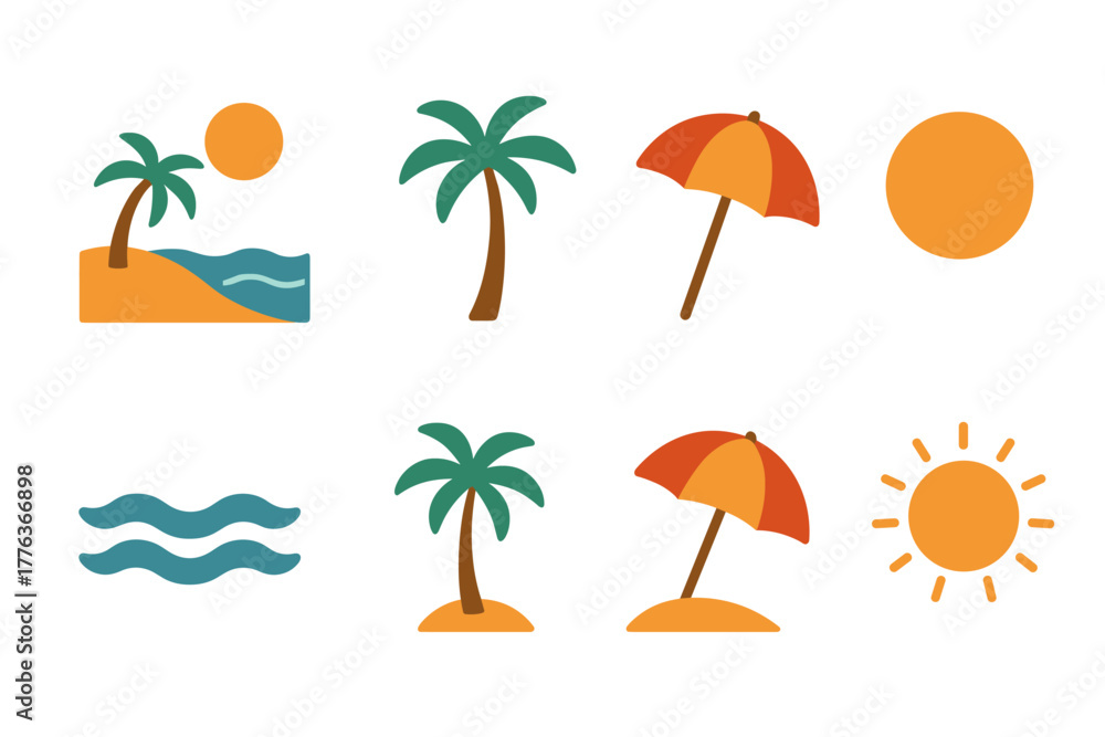 Obraz premium Beach icons set: palm trees, umbrellas, and waves in flat design