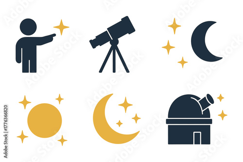 Astronomy elements set with telescope, stars, moon, and observatory icons