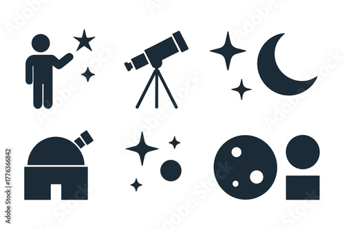 Astronomy icons set: telescope, stars, moon, observatory, celestial bodies