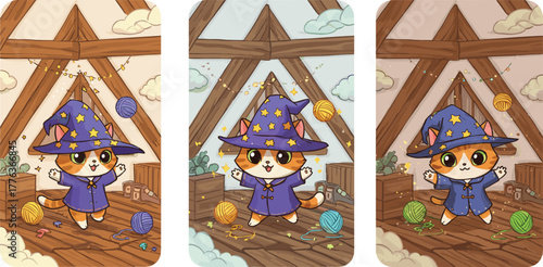 Cute wizard cat in magic attic room casting spells, cartoon kitten in blue star hat with floating yarn