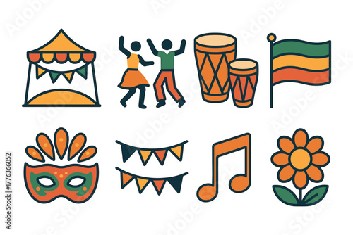 Colorful carnival icons featuring dance, music, and festive elements in flat style