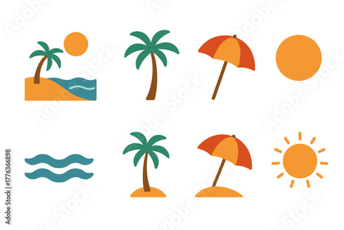 Beach icons set: palm trees, umbrellas, and waves in flat design