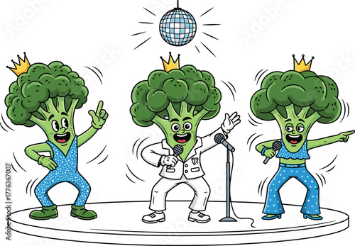 Funny broccoli disco singers performing on stage, cartoon vegetables dancing and singing under disco ball in retro outfits
