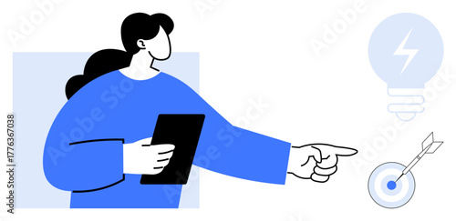 Woman holding a tablet points towards a bullseye target and a glowing light bulb. Ideal for leadership, success, innovation, strategy, goal-setting, career growth, teamwork. Simple flat metaphor