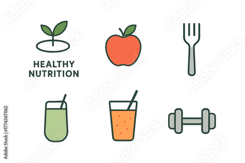 Healthy living icons set: balanced diet and fitness in modern design