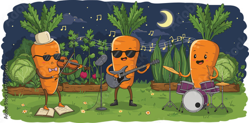 Funny carrot band playing music at night, cute vegetable musicians performing with guitar, violin and drums in garden
