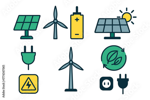 Renewable energy icons set featuring solar panels, wind turbines, and eco-friendly symbols