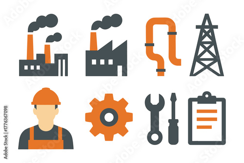 Industrial elements set featuring worker, factory, and tools in a flat design