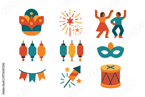 Festive carnival icons set featuring mask, dancers, and fireworks in flat colorful design