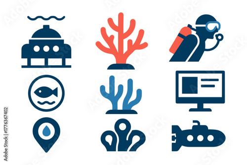 Underwater exploration icons: marine life, diver, submarine and corals