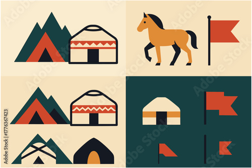 Retro nomadic culture icons featuring tents, horse, and flags for travel and adventure themes