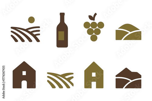 Modern minimalist winery icons set featuring vineyard and wine elements