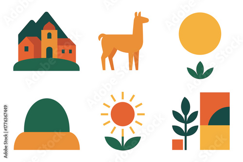 Colorful peruvian icons: llama, house, nature, and sun