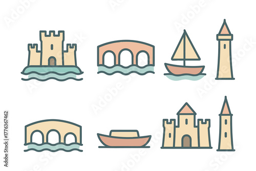 Simple nautical and architectural icons: boats, bridges, castles, lighthouses