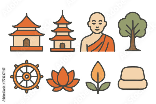 Buddhist symbols and icons: temples, monk, and nature elements in flat design