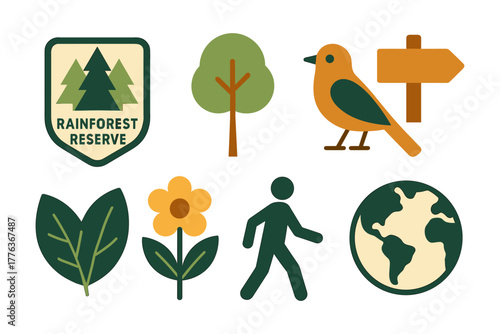 Nature conservation icons: wildlife, trees, earth, hiking, and floral symbols