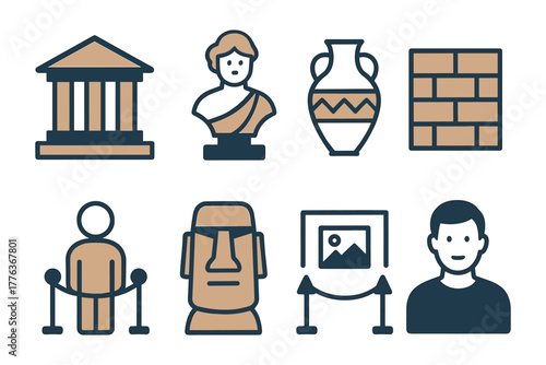 Cultural heritage icons: museum, archaeology, history, artifacts, moai statue, gallery