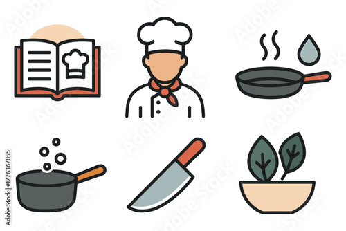 Culinary icons with chef, cooking utensils, and ingredients in flat style