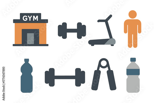 Modern gym icon set with equipment and exercise elements in flat style