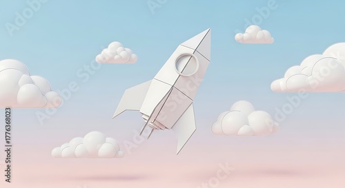 3D illustration of a paper rocket folded like origami