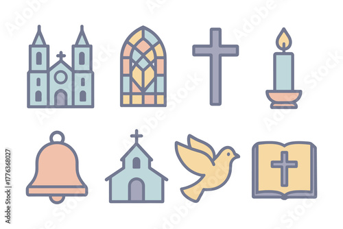 Religious symbols in soft pastel colors: cross, church, candle, dove, bell, stained glass, and bible icon set