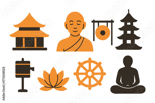 Flat buddhist icons: monastery, monk, meditation, pagoda, and lotus symbols