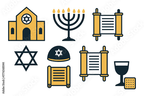 Jewish holiday symbols in flat design: star, menorah, torah, synagogue