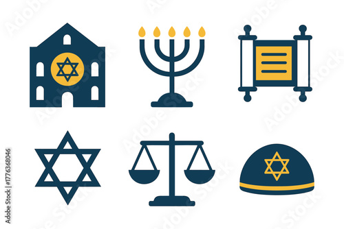 Jewish symbols: synagogue, menorah, torah, star of david, kippah, scales in flat design