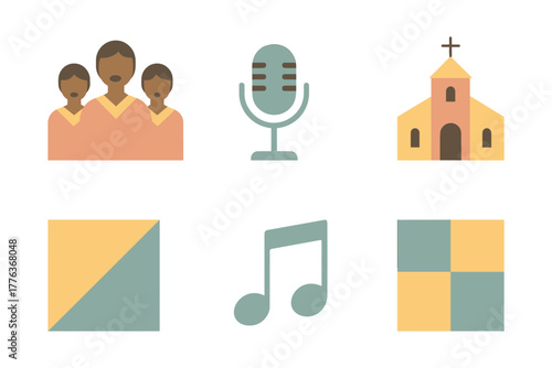 Flat gospel icons: choir, microphone, church, and music symbols for worship design