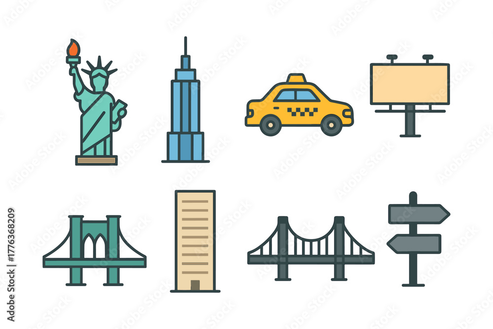 Naklejka premium New york city icon set: liberty, skyscraper, taxi, and more in flat design