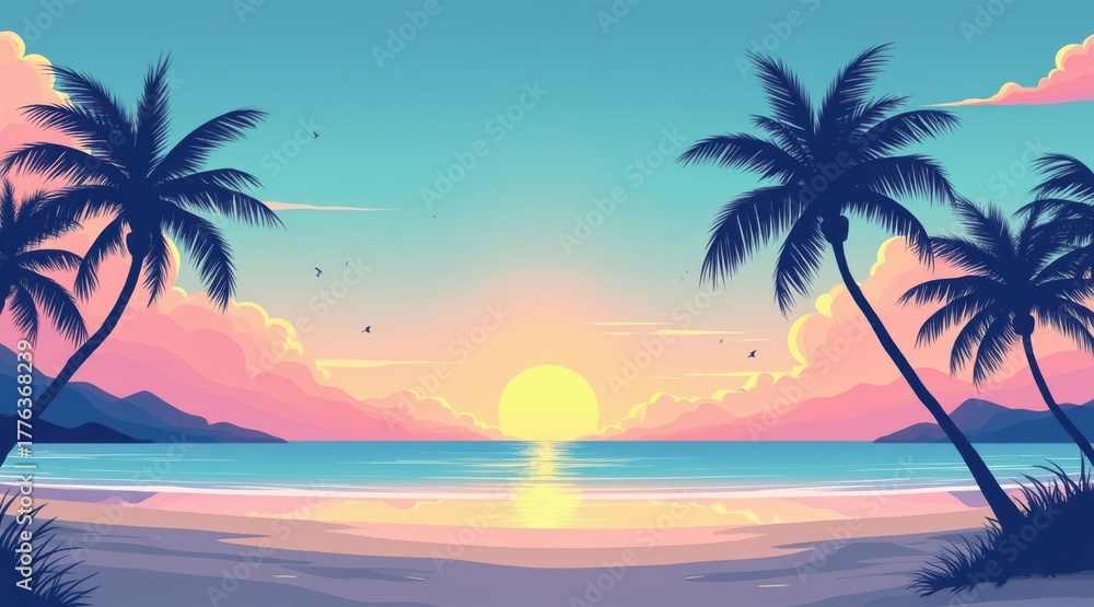 Fototapeta premium Tropical beach sunset with palm tree silhouettes and vibrant sky.