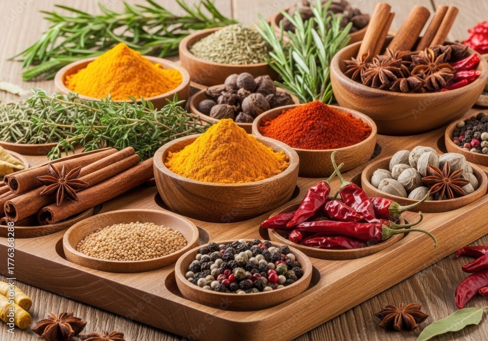 Fototapeta premium Aromatic spices and herbs arranged on a wooden tray, showcasing vibrant colors and textures for culinary use