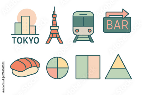 Tokyo icons: flat urban symbols featuring landmark, transport, and cuisine