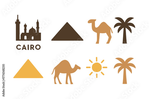 Cairo icon set featuring landmarks, pyramids, camels, and palm trees