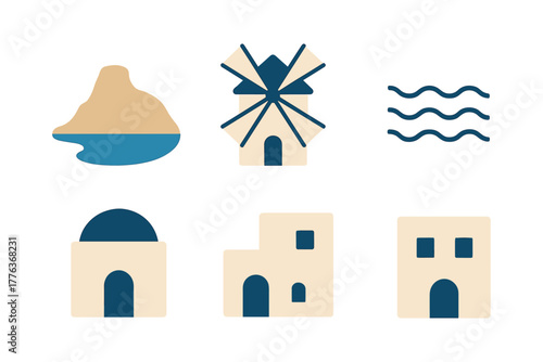 Minimalist mediterranean icons set featuring landmarks and coastal elements