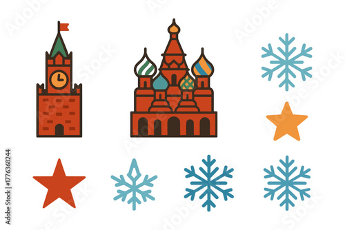 Iconic moscow landmarks and winter symbols in flat design