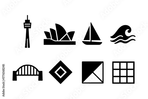 Icon set featuring sydney landmarks and nautical elements in silhouette design